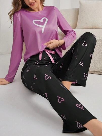 Conjunto de pijama de top de manga larga y pantalones con gráfico de corazón para mujer, ropa de otoño e invierno