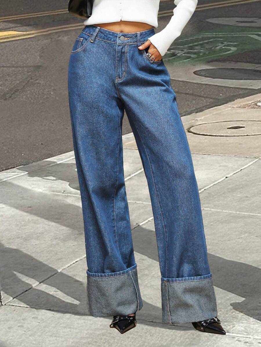 Forever 21 秋冬女士口袋宽松阔腿深蓝色水洗复古牛仔裤