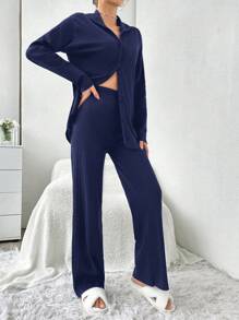 EURMUSE 100%Cotton Shirt Style Buttoned Striped Dark Blue 2-Piece Pajama Set - Navy Blue - View 4