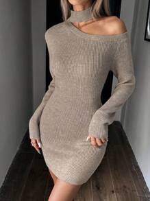 SHEIN Clasi 女式高领挂脖长袖针织毛衣连衣裙 - 卡其色 - 查看 3