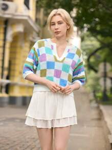 SHEIN Unity Women's Colorful Mosaic Patchwork Striped Puff Sleeve Sweater, Spring Knit Top,Geometric Pattern - Multicolor - View 5