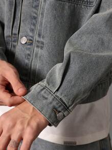 Sumwon Projects Script Logo Vintage Denim Jacket Streetwear Casual Workwear Trucker Style Button Front Outerwear - Light Wash - View 8