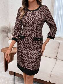 EMERY ROSE 女士纯色拼接圆领长袖口袋休闲短款工作连衣裙 - 粉色 - 查看 6