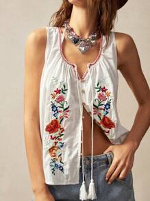 Bohemela 女士休闲纯色编织刺绣无袖宽松背心