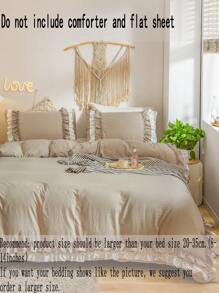 波西米亚农舍风格床上用品套装，纯驼色双人荷叶边被套，可选单人/双人/特大号尺寸，三件套，超柔软透气超细纤维被套，1 个拉链封口被套，2 个枕套，不含被芯，男女通用，四季皆宜，非常适合宿舍使用 - 駝色 - 查看 11