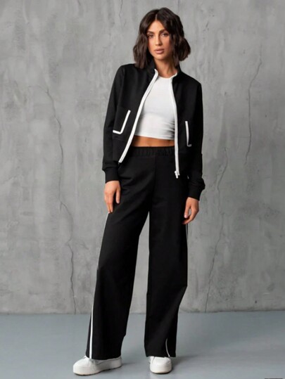 Chiquease طقم مكون من قطعتين للنساء شتوي باللون الأبيض والأسود مخطط بأسلوب رياضي عصري