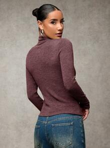 SHEIN BAE 女士秋冬休闲纯色前扣衬衫保暖长袖上衣、家庭圣诞衬衫、女士毛衣 - 酒紅色 - 查看 2