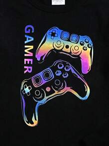 SHEIN Tween Boy 2pcs/Set Colorful Gamepad Graphic Round Neck Drop Shoulder Long Sleeve Top And Pants Soft, Comfortable Pajama Set - Black - View 5