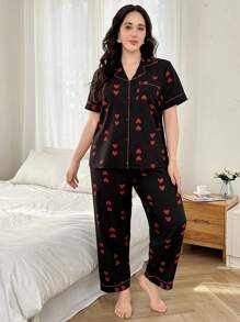 Dream Adore Bubble Wrinkle Heart Print Valentine's Button Front Short Sleeve Lounge Set