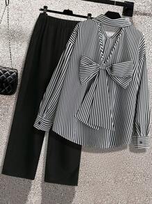 Calvaya 2 Peças Conjunto de Calça Preta Sólida Reta Solta e Blusa de Manga Longa com Laço no Ombro Listrada Preta e Branca de Moda Casual Plus Size para Mulheres - Cinza - Visão 2
