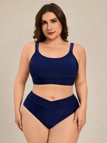 SHEIN Swim Navy Blue Solid Color Plus Size Women's Bikini Set Summer - Navy Blue - View 6
