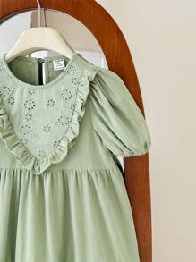 SHEIN LMoss Kids LMoss 女婴夏季可爱度假绿色荷叶边短袖连衣裙 - 綠色 - 查看 7