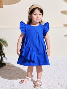 SHEIN 可爱蓝色荷叶边盖袖女童夏装 - 藍色 - 查看 3