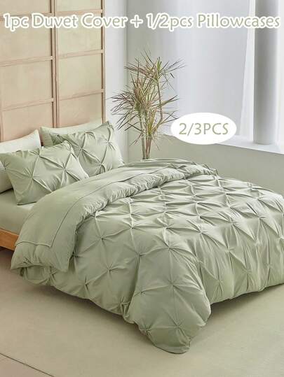 2/3pcs Green Pleated Polyester Duvet Cover Set, Simple Luxury Modern Style Polyester Pillow Sham Duvet Cover Set, Suitable For All Seasons Queen (1 Duvet Cover + 1/2 Pillow Shams), Bedroom Decor
