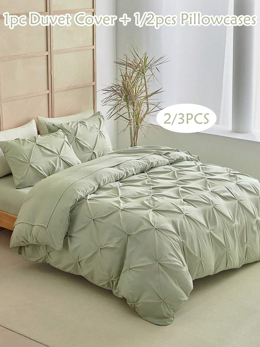 2/3pcs Green Pleated Polyester Duvet Cover Set, Simple Luxury Modern Style Polyester Pillow Sham Duvet Cover Set, Suitable For All Seasons Queen (1 Duvet Cover + 1/2 Pillow Shams), Bedroom Decor - Green - View 1