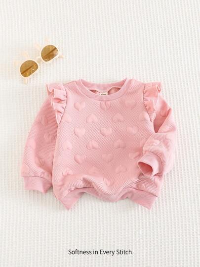 Cozy Pixies Baby Girl Solid Color Heart-Shaped Pattern Soft Knit Round Neck Ruffle Trim Long Sleeve Pullover Sweatshirt,In Fall/Winter