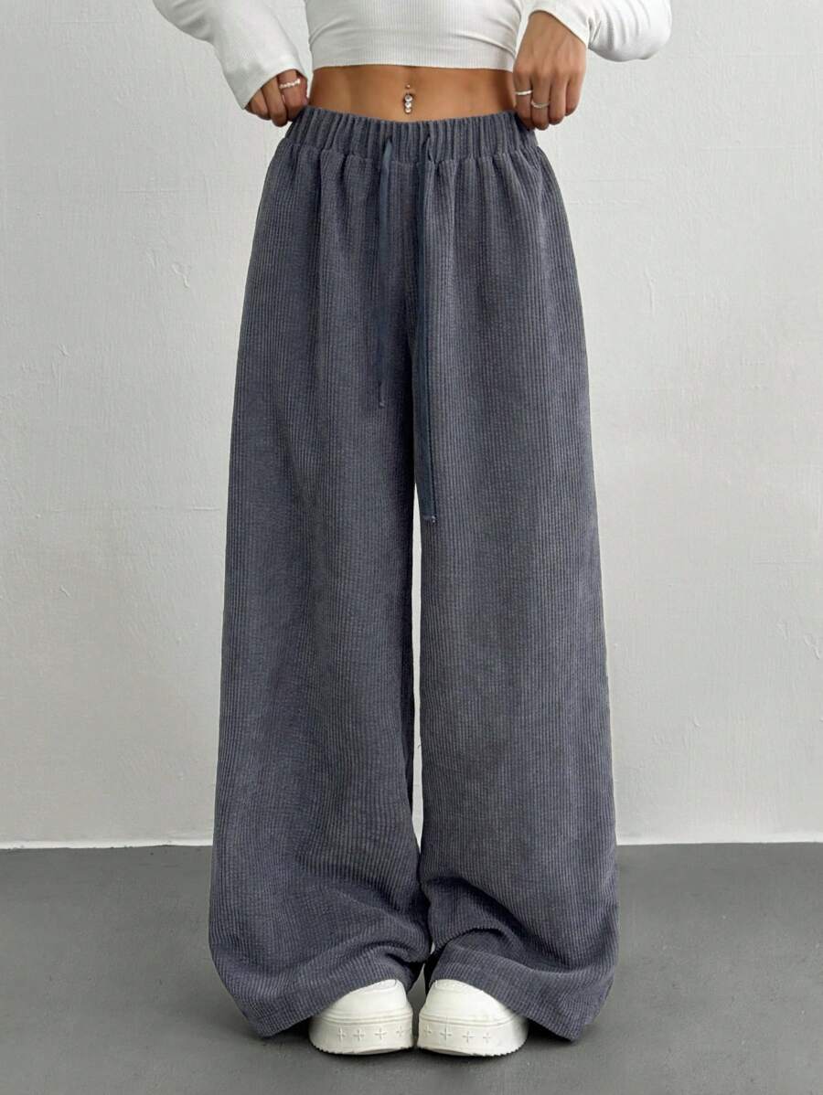 Muchica 灰色灯芯绒阔腿裤，纯色休闲时尚，适合日常穿着
