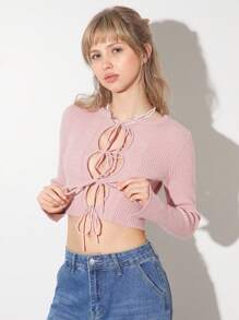 SHEIN EZwear 女士纯色前系带镂空性感修身长袖短款开衫，秋季 - 粉色 - 查看 3
