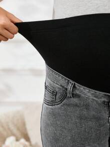 SHEIN Maternity Contrast Color Patchwork High Waist Tapered Leg Jeans - Grey - View 4