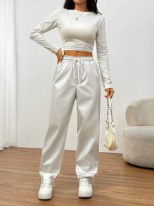 SHEIN EZwear Casual Minimalist Metal Drawstring Waist Long Pants - Silver - View 6