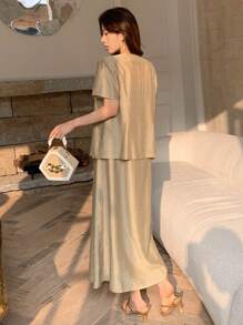 DAZY 女士休闲纯色短袖外套和连衣裙两件套商务套装