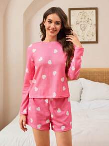 女士粉色简约心形印花长袖上衣和休闲短裤 2 件套家居服睡衣套装 - 粉色 - 查看 7