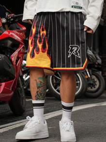 DAZY Men's Street Style Asymmetric Design Flame Pattern Shorts - Black - View 9