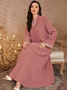 Al Najma Túnica elegante con cuello vuelto y empalme jacquard 2 en 1 + Vestido largo tradicional árabe modesto tipo kaftan - Rosa - Ver 1