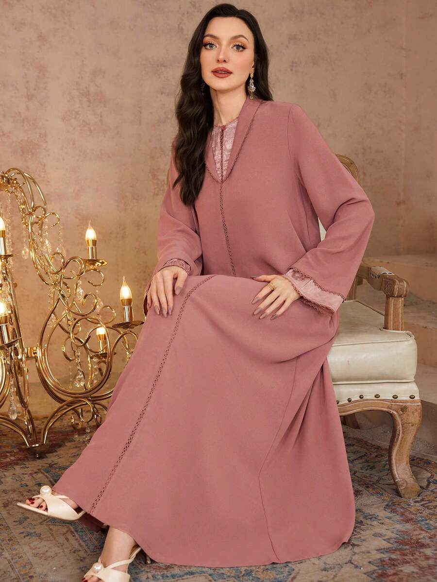 Al Najma Túnica elegante con cuello vuelto y empalme jacquard 2 en 1 + Vestido largo tradicional árabe modesto tipo kaftan - Rosa - Ver 1
