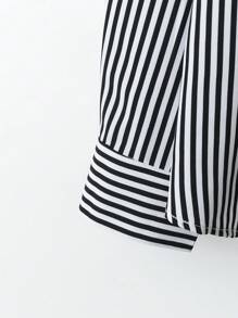 Calvaya 2 Peças Conjunto de Calça Preta Sólida Reta Solta e Blusa de Manga Longa com Laço no Ombro Listrada Preta e Branca de Moda Casual Plus Size para Mulheres - Cinza - Visão 4