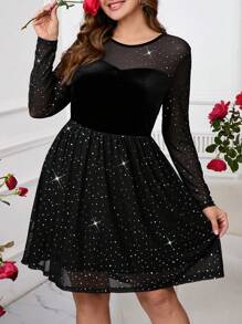 SHEIN Clasi 大码休闲网眼拼布圆领长袖短裙新年女装新年女装新年服装女装新年服装女装/女士新年礼服除夕服装新年派对礼服黑色连衣裙优雅闪亮生日服装女装情人节 - 黑色 - 查看 3