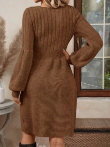 EMERY ROSE Women Solid Color Round Neck Long Sleeve Simple Casual Short Knit Sweater Dress - Brown - View 2