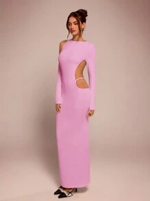 SHEIN BAE Women's Asymmetric Asymmetrical Neck Long Sleeve Hollow-Out Sexy Backless Dress, Suitable For Layering In Autumn/Winter, Cocktail Parties, Romantic Dates, Gatherings, Party, Wedding Bridesmaid, Night Out, Halloween, Christmas - Baby Pink - View 4