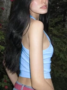 INAWLY 女式 Y2K 水钻字母印花修身短款背心 夏季图案 T 恤 女式上衣 - 淺藍色 - 查看 4