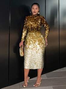 Slaydiva Party Style Glitter Full-Coverage Placement Print Women's Tight Fit Long Sleeve Midi Dress, Suitable For Parties Fall Clothes Chic Dress