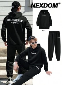 SHEIN Leap Crew 青少年男孩，两件套，包括一件休闲白色印花长袖连帽衫和黑色连帽衫，搭配黑色锥形运动裤。这套服装适合秋冬季节，保暖舒适。非常适合大学、家居服、日常活动、运动、生日派对和郊游。基本、多功能和简约的选择。 - 黑色 - 查看 3