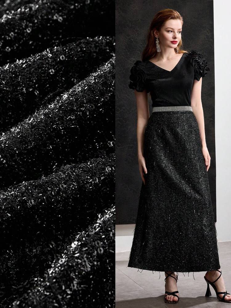 Falda larga recta de mujer con bordados, lentejuelas y textura suave