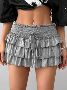 Comfortcana 女士春夏Y2K时尚90年代学院风复古约会之夜音乐节演唱会针织弹力抽绳褶皱荷叶边灰色荷叶边迷你裙