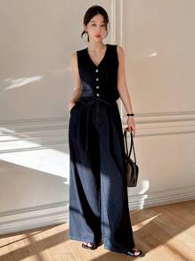 DAZY Western Style Women's Cowboy Clothing V-Neck Vest Wide-Leg Pants Women's Denim Suit Work Women Clothes - Dark Wash - View 7