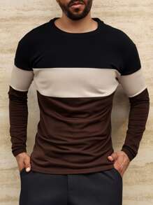 Manfinity Homme 大码男士休闲拼色拼接长袖 T 恤，秋季 - 彩色 - 查看 2