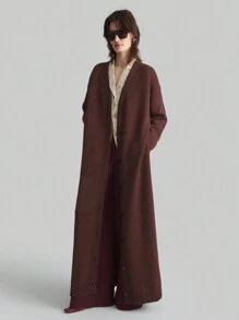 Ontre 女士 2025 年春季新品长款纽扣红棕色开衫、长款灰色针织夹克、极简主义长袖毛衣，适合都市装扮