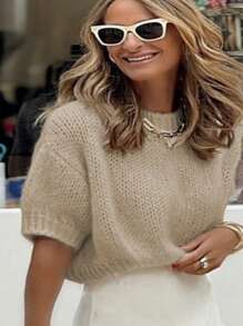 EMERY ROSE New Arrival Short Sleeve Knitted Sweater With Round Neck, Elegant Pullover - Apricot - View 4