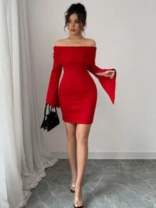 Elenzga 女式性感透明网眼露肩露肩迷你连衣裙，喇叭袖和侧开衩，红色 - 紅色 - 查看 3