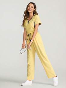 SHEIN TaskFit Scrubs Scrub Uniform Set: Short Sleeve Top And Pants With Color Blocking, For Staff - Multicolor - View 2