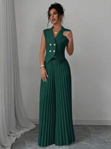 Selianne 优雅女士商务套装，简约时尚休闲日常上衣和裙子 - 墨綠色 - 查看 1