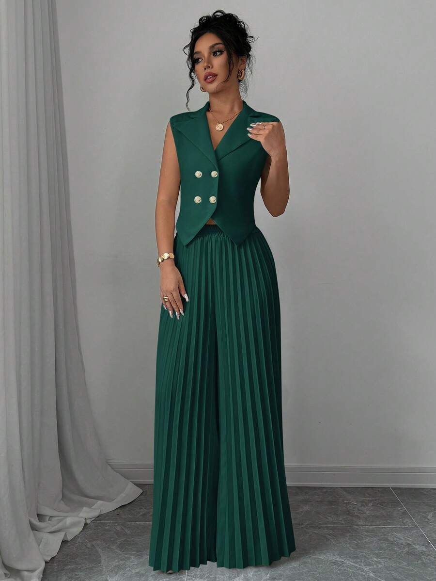 Selianne 优雅女士商务套装，简约时尚休闲日常上衣和裙子 - 墨綠色 - 查看 1