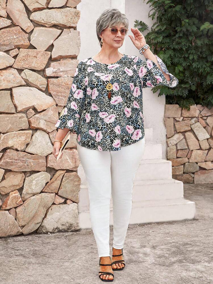 Plus Size Spring Summer Leopard Floral Print Casual Everyday Wear Minimalist Style Mother Blouse Vacation Woman
