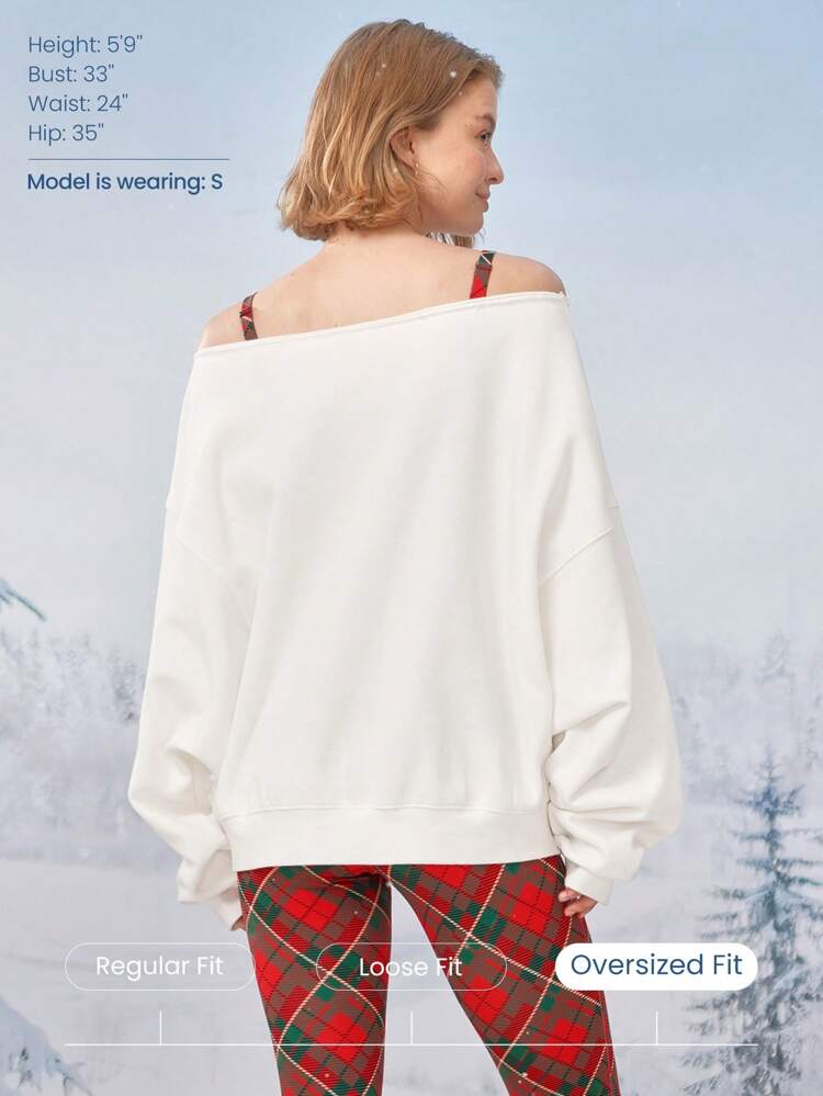 Everyday Fleece Oversized Jolly Off-Shoulder Embroidered Sweatshirt Christmas Gifts Holiday Winter Daily
