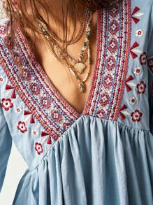Bohemela Women's Solid Color Woven Embroidered V-Neck 3/4 Sleeve Fitted Blouse With Ruffle Hem