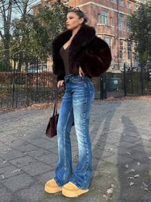 RueChic Elastische mid waist flare jeans met jacron - Medium gebleekt - Bekijken 6